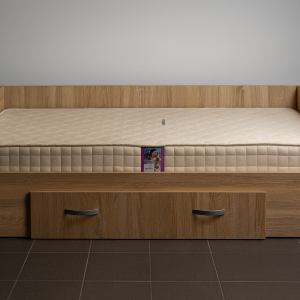 Pat o persoană cu sertar mare pe roți, modern, din lemn și PAL, culoare personalizabilă, disponibil în Oradea, livrat gata montat.